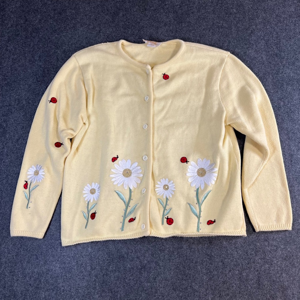 Tia Designs Yellow Cotton Cardigan Daisy Ladybug Embroidered L USA Cottagecore